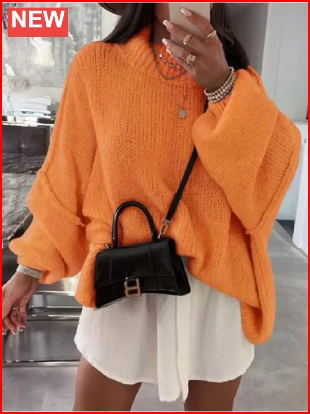 Oversized Mock Neck Tunic Sweater Ribbed Knit Batwing Long Sleeve Pullover